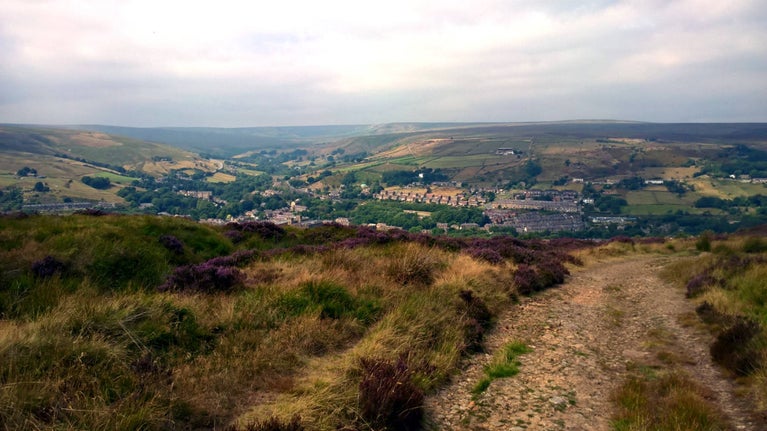 Purple heather lines a path on Holme Moor with views over Marsden village